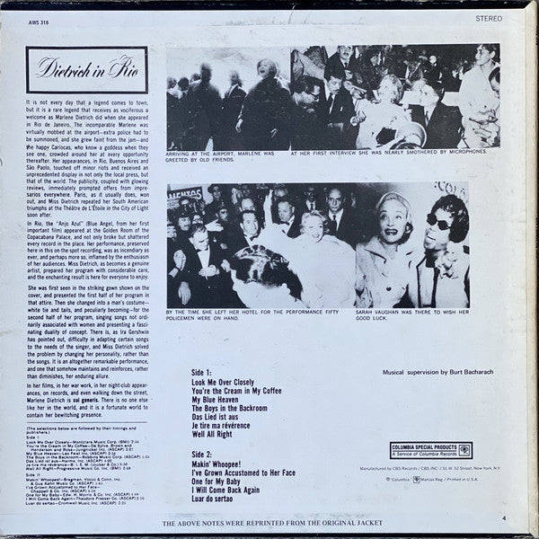 Dietrich, Marlene - Dietrich In Rio (Recorded In Rio De Janeiro) (VG+) (Vinyl LP)