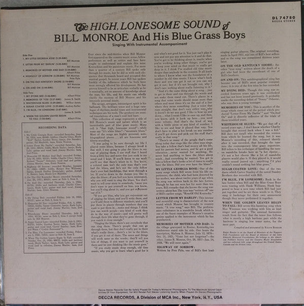 Monroe, Bill And His Blue Grass Boys - The High Lonesome Sound (Vinyl, VG+) (Vinyl LP)