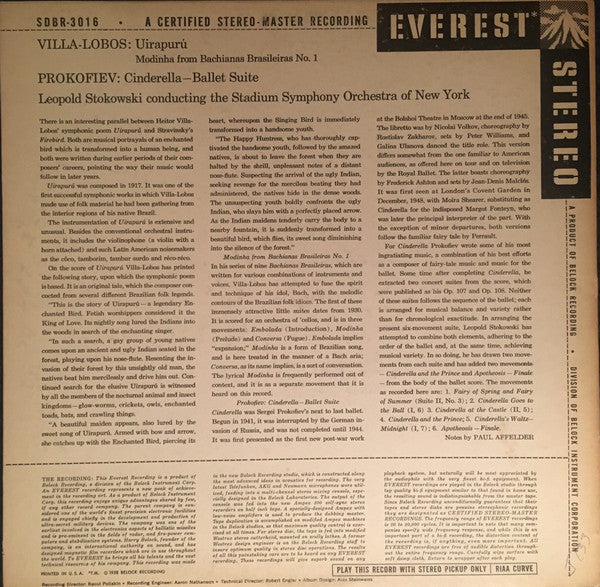 Villa-Lobos / Prokofiev - Leopold Stokowski, The Stadium Symphony Orchestra Of New York - Uirapuru + Modinha (From Bachianas Brasileiras No. 1)  / Cinderella (Ballet Suite) (VG+) (Vinyl LP)