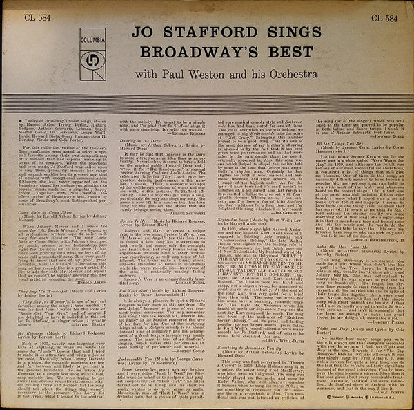Stafford, Jo With Paul Weston And His Orchestra - Jo Stafford Sings Broadway's Best (VG+) (Vinyl LP)