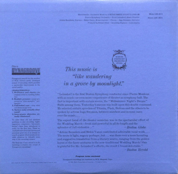 Mendelssohn, Boston Symphony Orchestra / Erich Leinsdorf - Incidental Music To A Midsummer Night's Dream (NM or M-) (Vinyl LP)