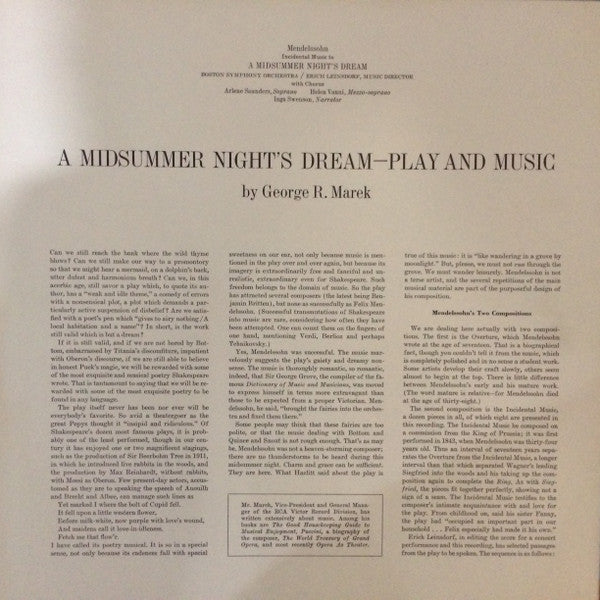 Mendelssohn, Boston Symphony Orchestra / Erich Leinsdorf - Incidental Music To A Midsummer Night's Dream (NM or M-) (Vinyl LP)