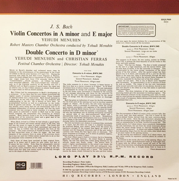 Bach / Yehudi Menuhin with Christian Ferras, Robert Masters Chamber Orchestra - Violin Concertos (Vinyl, NM or M-) (Vinyl LP)