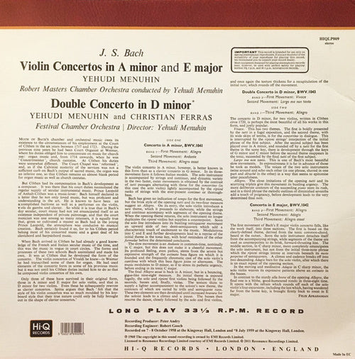 Bach / Yehudi Menuhin with Christian Ferras, Robert Masters Chamber Orchestra - Violin Concertos (Vinyl, NM or M-) (Vinyl LP)