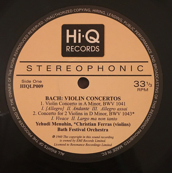 Bach / Yehudi Menuhin with Christian Ferras, Robert Masters Chamber Orchestra - Violin Concertos (Vinyl, NM or M-) (Vinyl LP)