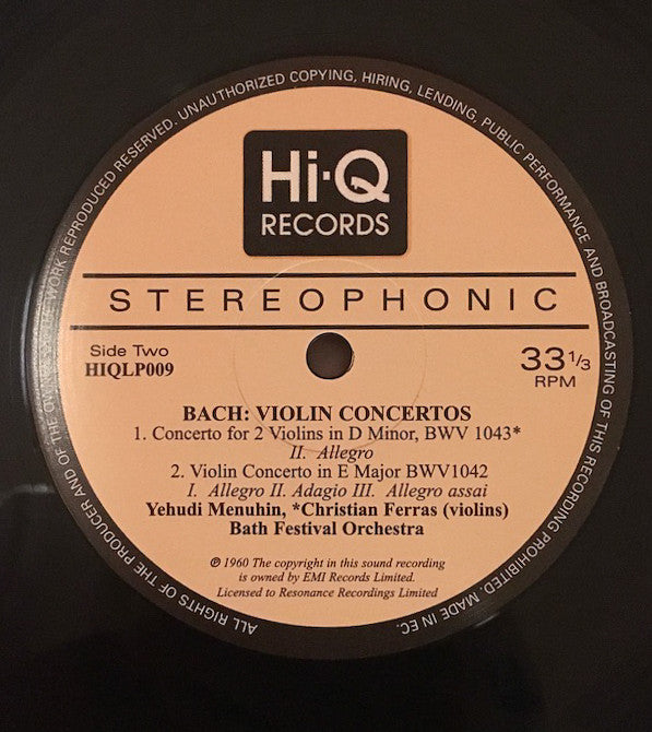 Bach / Yehudi Menuhin with Christian Ferras, Robert Masters Chamber Orchestra - Violin Concertos (Vinyl, NM or M-) (Vinyl LP)