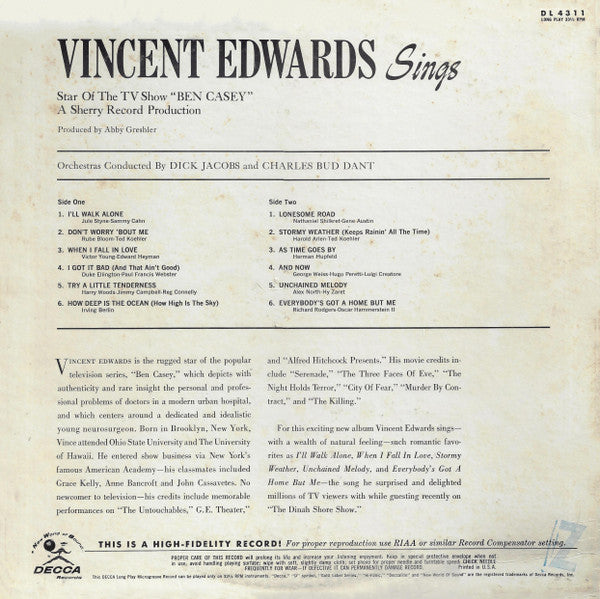 Edwards, Vincent - Vincent Edwards Sings (VG+) (Vinyl LP)