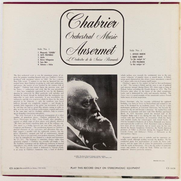 Chabrier, Ansermet L'Orchestre De La Suisse Romande - Orchestral Music  (VG+) (Vinyl LP)