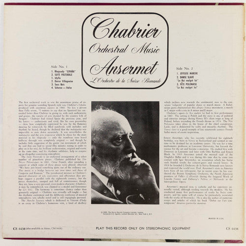 Chabrier, Ansermet L'Orchestre De La Suisse Romande - Orchestral Music  (VG+) (Vinyl LP)