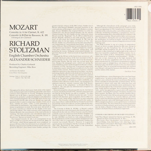 Mozart, Richard Stoltzman, English Chamber Orchestra, Alexander Schneider - Clarinet Concerto, K. 622 / Concerto  For Bassoon, K. 191 (Arranged For Clarinet) (NM or M-) (Vinyl LP)