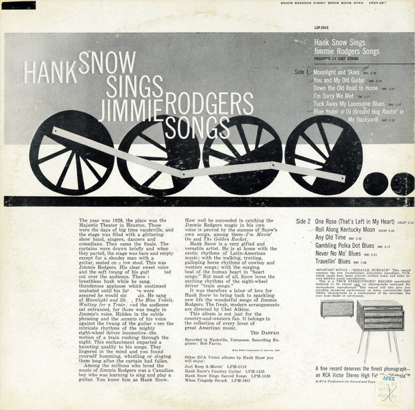 Snow, Hank - Hank Snow Sings Jimmie Rodgers Songs (VG+) (Vinyl LP)