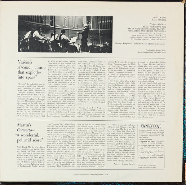 Chicago Symphony Orchestra, Jean Martinon, Varese / Martin - Arcana / Concerto For Seven Wind Instruments, Timpani, Percussion And String Orchestra (Vinyl, VG) (Vinyl LP)