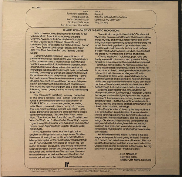 Rich, Charlie - Too Many Teardrops (M) (Vinyl LP)