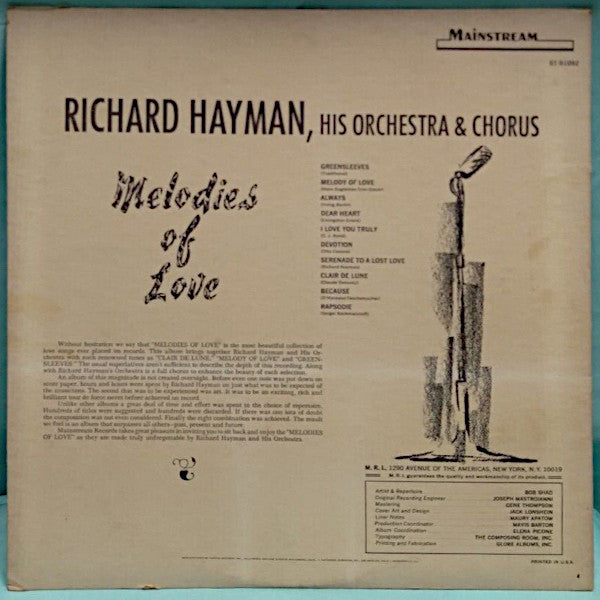 Hayman, Richard And His Orchestra - Melodies Of Love (VG+) (Vinyl LP)