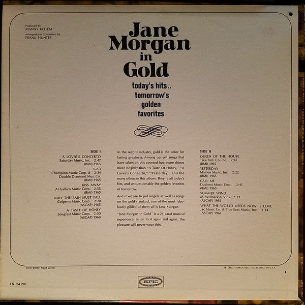 Morgan, Jane - Jane Morgan In Gold Today's Hits...Tomorrow's Golden Favorites (VG) (Vinyl LP)