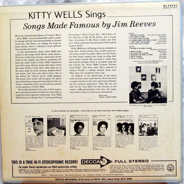 Wells, Kitty - Songs Made Famous By Jim Reeves (VG+) (Vinyl LP)
