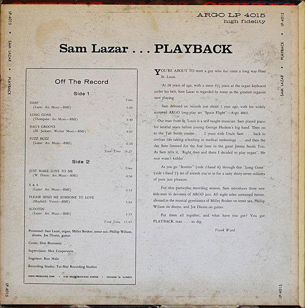 Lazar, Sam Trio - Playback (VG) (Vinyl LP)