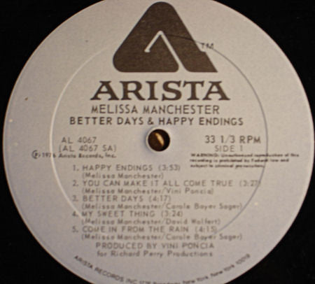 Manchester, Melissa - Better Days & Happy Endings (VG+) (Vinyl LP)