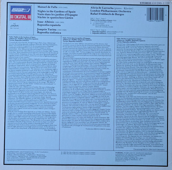 Falla / Albeniz / Turina, Alicia De Larrocha, London Philharmonic Orchestra, Rafael Fruhbeck De Burgos - Nights In The Gardens Of Spain = Nachte In Spanischen Garten (NM or M-) (Vinyl LP)
