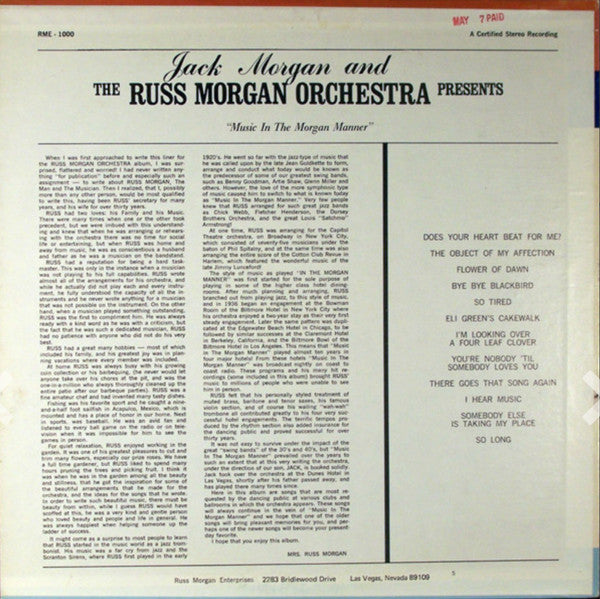 Morgan, Russ Orchestra - Music In The Morgan Manner (VG) (Vinyl LP)