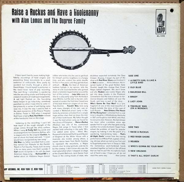Lomax, Alan And The Dupree Family - Raise A Ruckus And Have A Hootenanny (VG+) (Vinyl LP)
