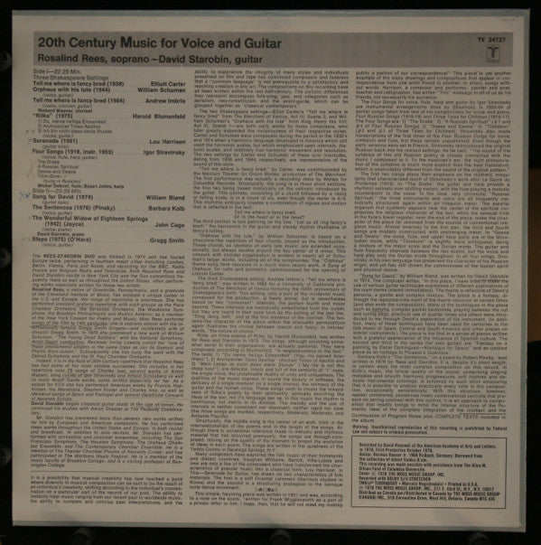 Cage, John • Elliott Carter • William Schuman • Andrew Imbrie • Harold Blumenfeld • Lou Harrison • Igor Stravinsky • William Bland • Barbara Kolb • Gregg Smith (2) - Rosalind Rees ; David Starobin - 20th Century Music For Voice & Guitar ( (Vinyl LP)