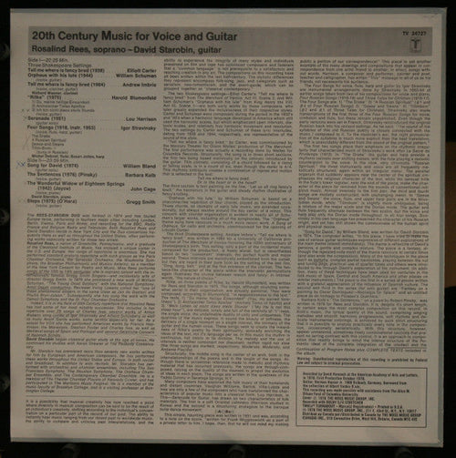 Cage, John • Elliott Carter • William Schuman • Andrew Imbrie • Harold Blumenfeld • Lou Harrison • Igor Stravinsky • William Bland • Barbara Kolb • Gregg Smith (2) - Rosalind Rees ; David Starobin - 20th Century Music For Voice & Guitar ( (Vinyl LP)