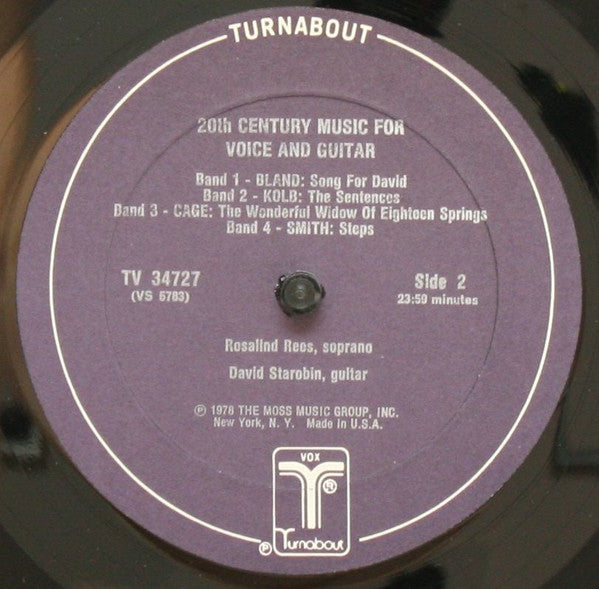 Cage, John • Elliott Carter • William Schuman • Andrew Imbrie • Harold Blumenfeld • Lou Harrison • Igor Stravinsky • William Bland • Barbara Kolb • Gregg Smith (2) - Rosalind Rees ; David Starobin - 20th Century Music For Voice & Guitar ( (Vinyl LP)