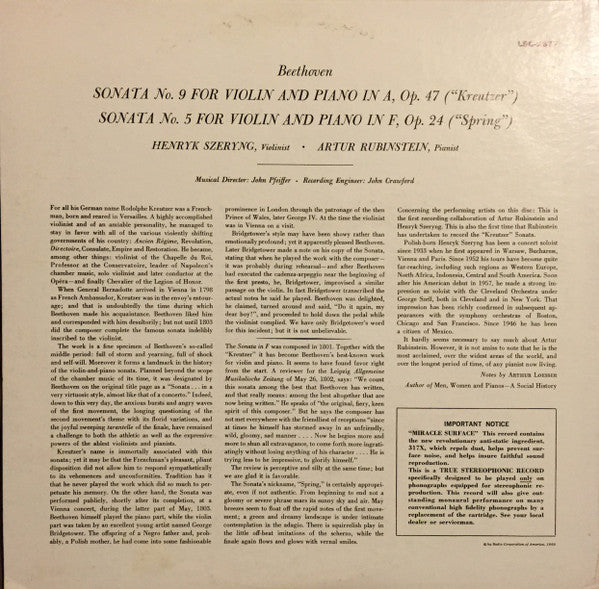 Beethoven / Rubinstein, Szeryng - Kreutzer And Spring Sonatas (VG+) (Vinyl LP)