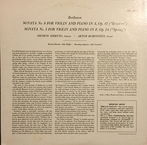 Beethoven / Rubinstein, Szeryng - Kreutzer And Spring Sonatas (VG+) (Vinyl LP)