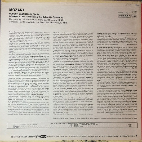 Mozart, Robert Casadesus, George Szell - Concertos No. 22 In E Flat, K. 482 / No. 23 In A Major, K. 488 (VG+) (Vinyl LP)