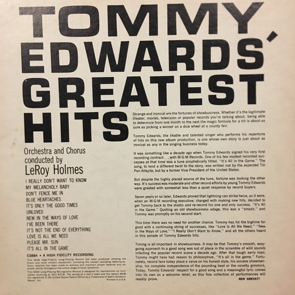 Edwards, Tommy - Tommy Edwards' Greatest Hits (VG+) (Vinyl LP)