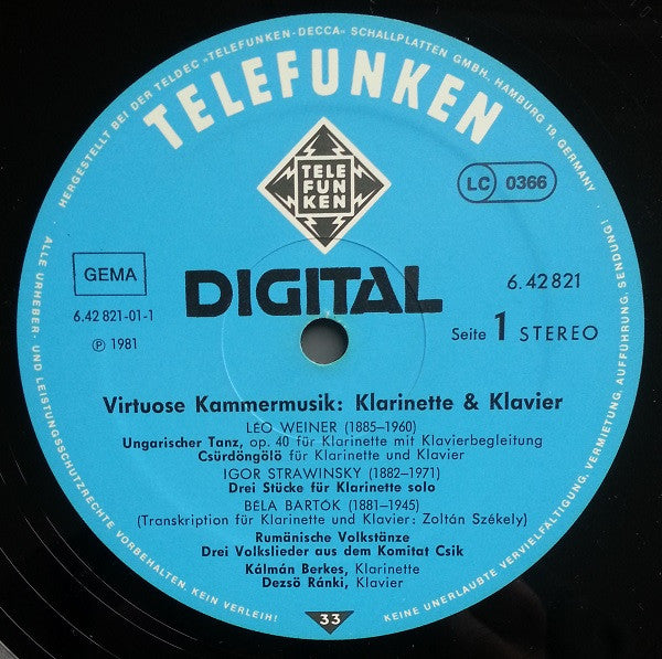 Kalman Berkes, Dezso Ranki - Virtuose Kammermusik (Klarinette - Klavier) (VG+) (Vinyl LP)
