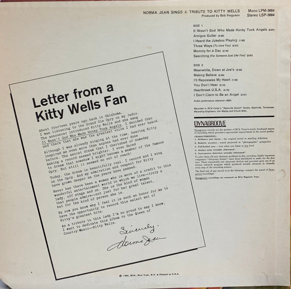 Norma Jean - Sings A Tribute To Kitty Wells (VG) (Vinyl LP)
