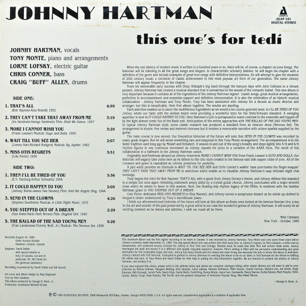 Hartman, Johnny - This One's For Tedi (Vinyl, NM or M-) (Vinyl LP)