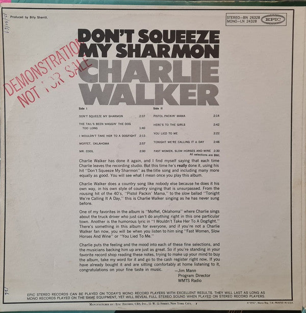 Walker, Charlie - Don't Squeeze My Sharmon (VG) (Vinyl LP)