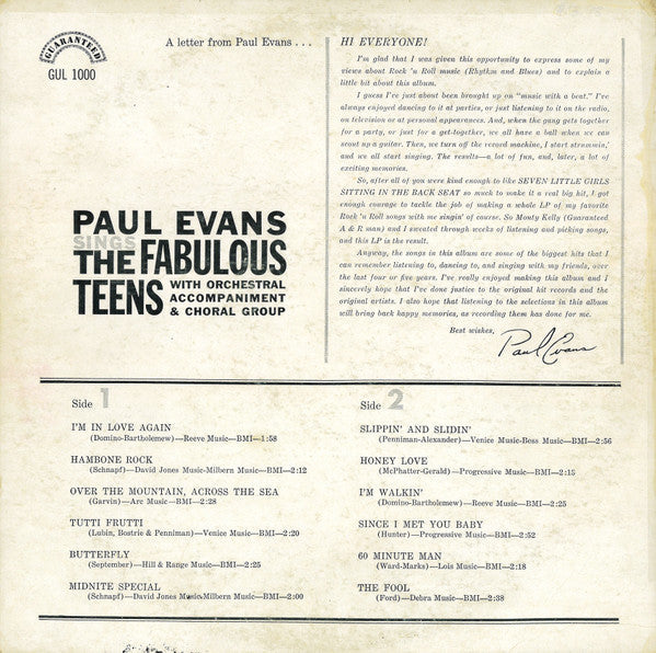 Evans, Paul - Paul Evans Sings The Fabulous Teens (VG+) (Vinyl LP)