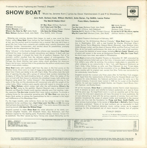 Kern, Jerome Lyrics By Oscar Hammerstein II And P.G. Wodehouse / With John Raitt, Barbara Cook, William Warfield, Anita Darian - Show Boat (Vinyl, VG) (Vinyl LP)