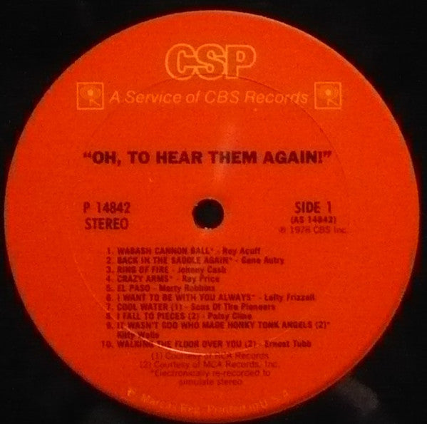 Various - "Oh, To Hear Them Again!" (VG+) (Vinyl LP)