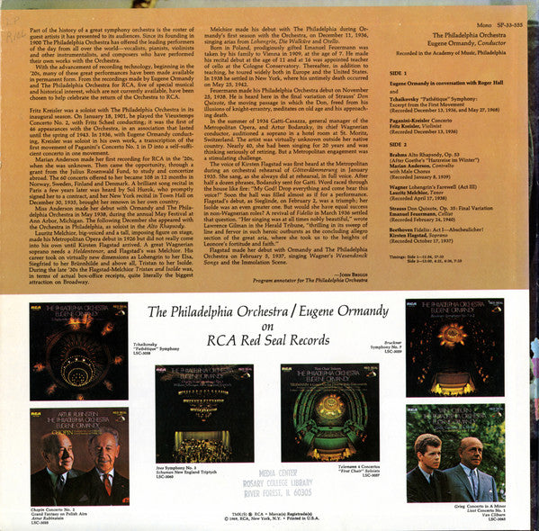 Ormandy, The Philadelphia Orchestra With Fritz Kreisler, Marian Anderson, Lauritz Melchior, Emanuel Feuermann, Kirsten Flagstad - Five Treasured Recordings From The Heritage Of Greatness On RCA Red Seal (VG+) (Vinyl LP)
