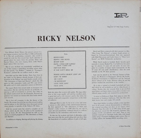 Nelson, Ricky  - Ricky (VG+) (Vinyl LP)