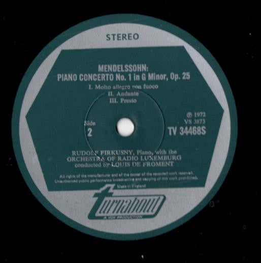 Schumann / Mendelssohn, Rudolf Firkusny - Piano Concerto In A Minor, Op. 54 / Piano Concerto No 1 In G Minor, Op. 25 (VG+) (Vinyl LP)