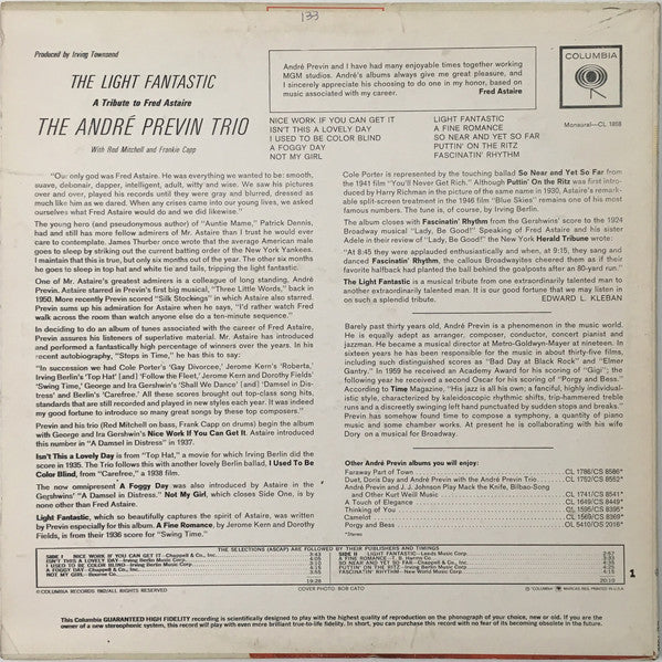 Previn, Andre Trio With Red Mitchell And Frankie Capp - The Light Fantastic, A Tribute To Fred Astaire (VG+) (Vinyl LP)