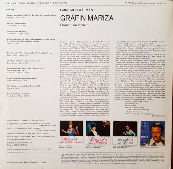 Emmerich Kalman, Rudolf Schock, Margit Schramm, Dorothea Chryst, Ferry Gruber, Berliner Symphoniker Dirigent: Robert Stolz - Grafin Mariza (Grober Querschnitt) (VG+) (Vinyl LP)