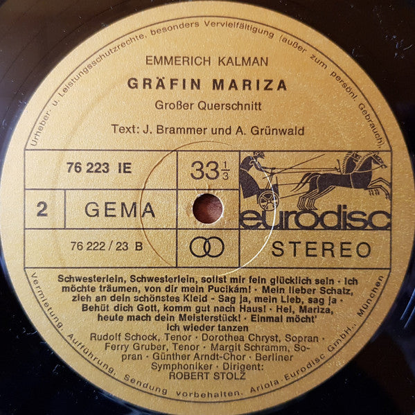 Emmerich Kalman, Rudolf Schock, Margit Schramm, Dorothea Chryst, Ferry Gruber, Berliner Symphoniker Dirigent: Robert Stolz - Grafin Mariza (Grober Querschnitt) (VG+) (Vinyl LP)