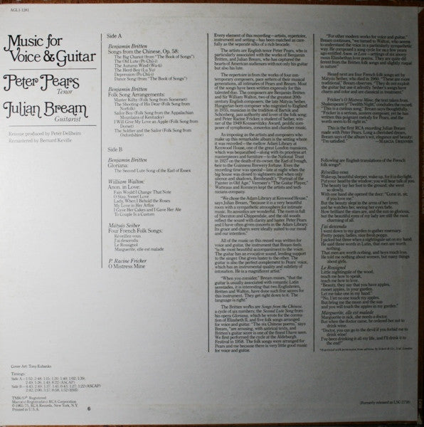 Bream, Julian - Peter Pears - Music For Voice And Guitar (VG+) (Vinyl LP)