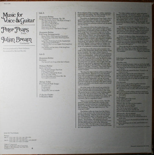 Bream, Julian - Peter Pears - Music For Voice And Guitar (VG+) (Vinyl LP)