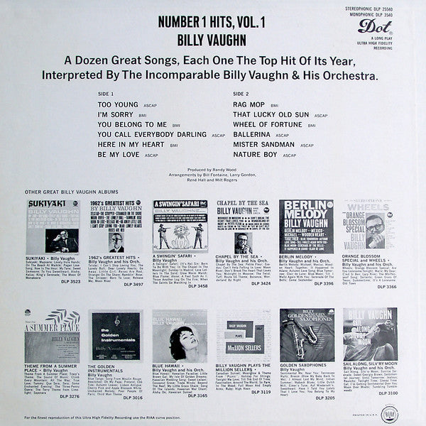 Vaughn, Billy - Number 1 Hits, Vol. 1 (VG+) (Vinyl LP)