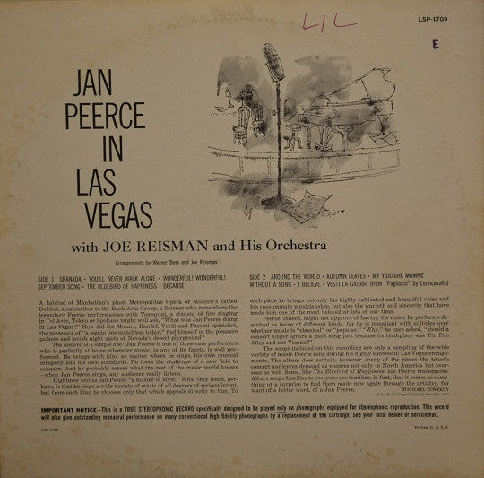 Peerce, Jan With Joe Reisman And His Orchestra - Jan Peerce In Las Vegas (VG+) (Vinyl LP)