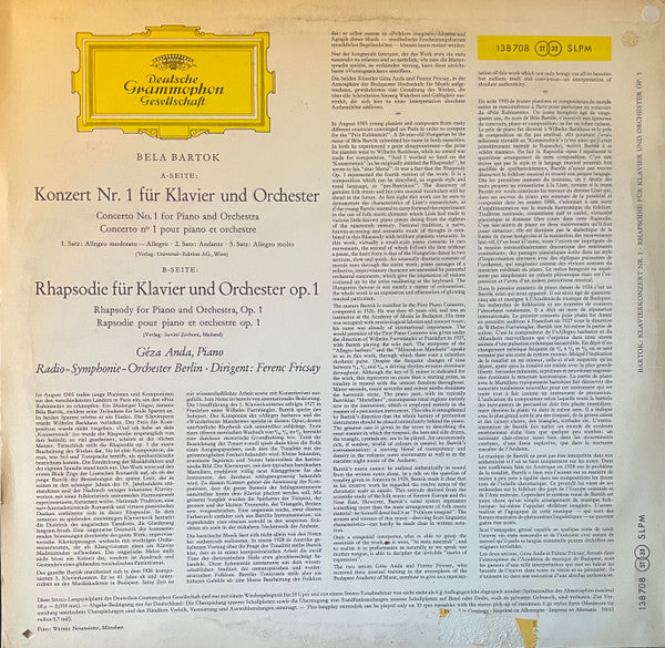 Bartok - Geza Anda, Ferenc Fricsay, Radio-Symphonie-Orchester Berlin - Klavierkonzert Nr. 1 Und Rhapsodie (VG) (Vinyl LP)